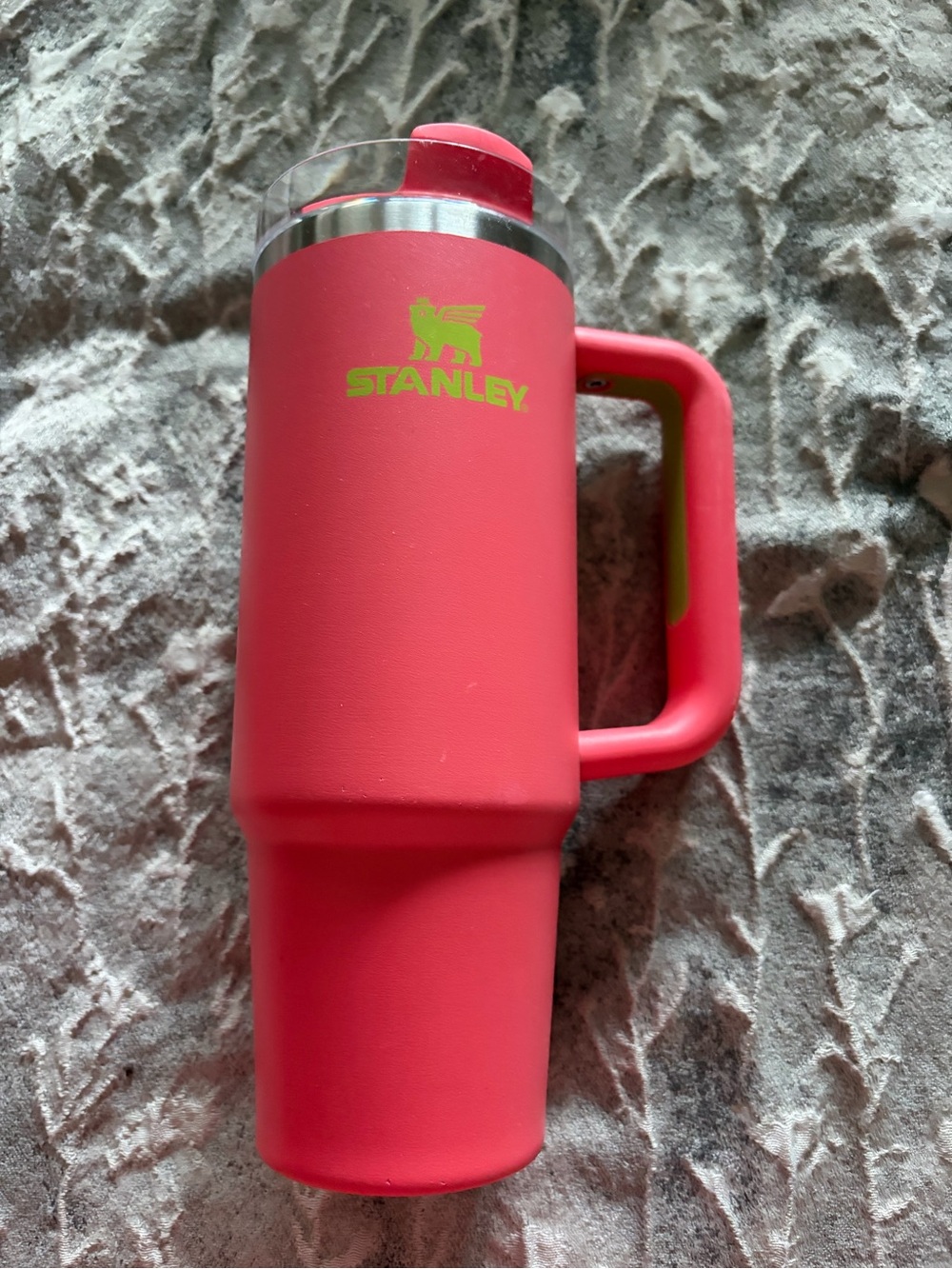 30 oz Stanley cup. Coral and lime green
